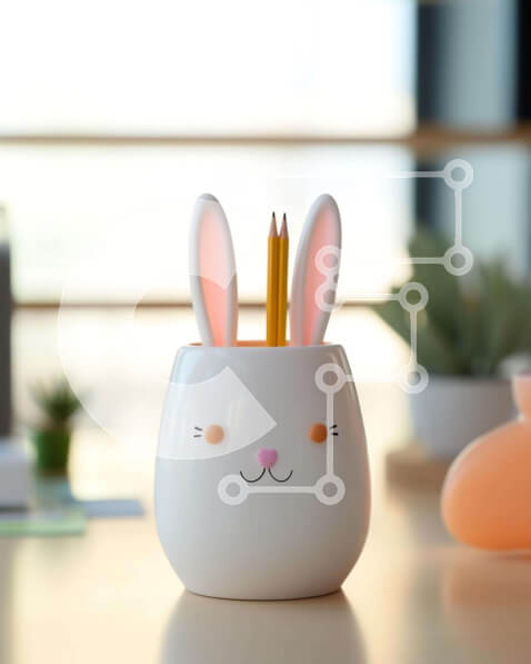 Intra Συλλεκτικό Ξύλινο Παζλ Plywood  4mm - Λευκή θήκη μολυβιού σε σχήμα κουνελιού σε τραπέζι γραφείου με φυτά Σε Ξύλινο Κουτί - Διαστάσεις: 10x10 cm – 25 κομμάτια