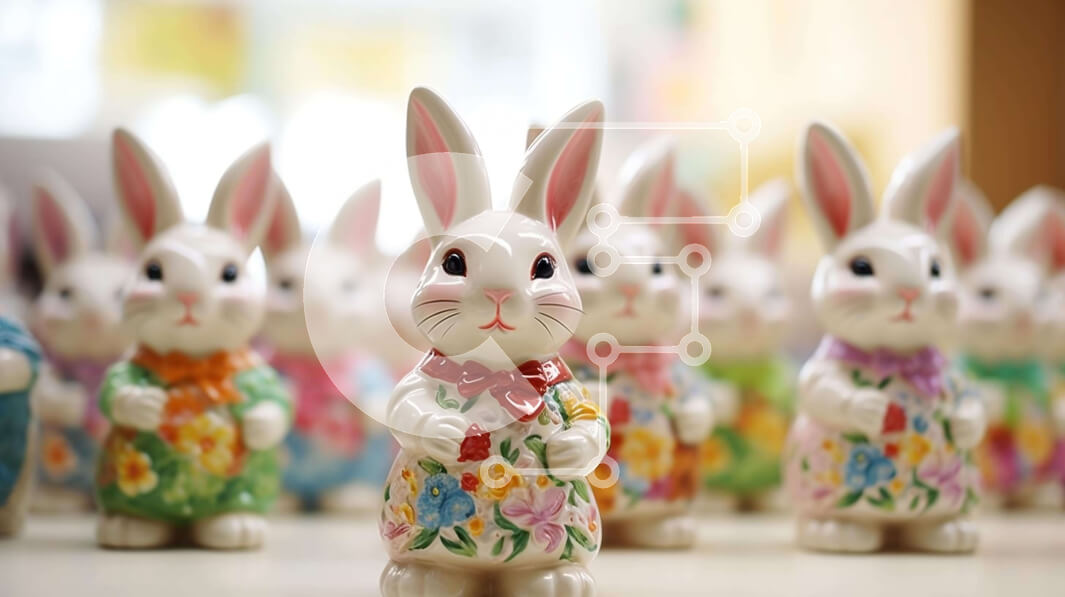 Intra Συλλεκτικό Ξύλινο Παζλ Plywood  4mm - Πολύχρωμα κεραμικά ειδώλια λαγουδάκι του Πάσχα Σε Ξύλινο Κουτί - Διαστάσεις Puzzle: 10x10 cm – 25 κομμάτια