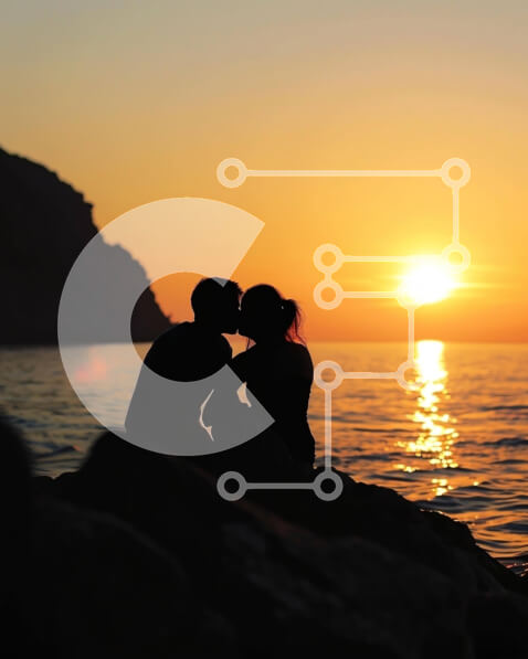 Intra Συλλεκτικό Ξύλινο Παζλ Plywood  4mm - Ρομαντικό ηλιοβασίλεμα δίπλα στο νερό με ένα ζευγάρι Σε Ξύλινο Κουτί - Διαστάσεις Puzzle: 10x10 cm – 25 κομμάτια