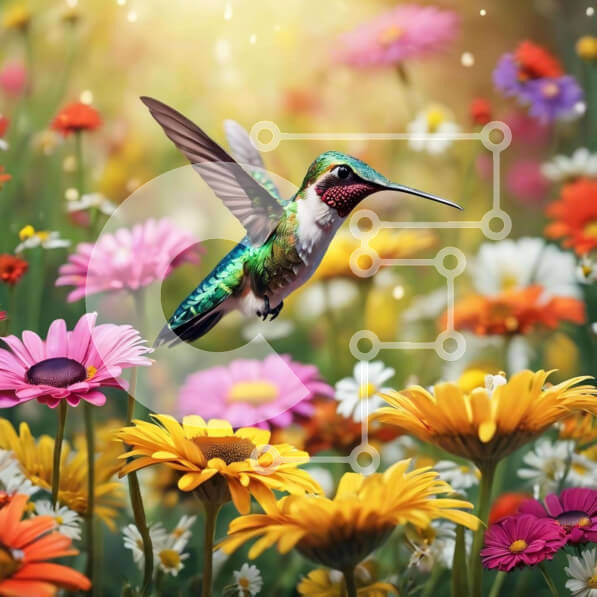 Intra Συλλεκτικό Ξύλινο Παζλ Plywood  4mm - Πολύχρωμο κολίβριο που πετά σε ένα χωράφι με λουλούδια Σε Ξύλινο Κουτί - Διαστάσεις: 10x10 cm – 25 κομμάτια