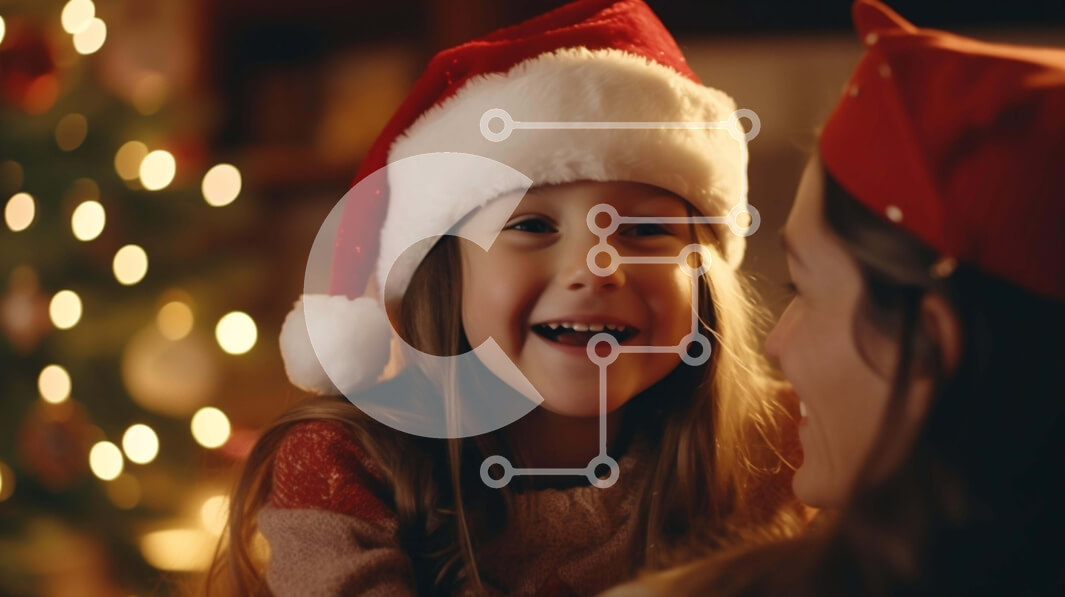 Intra Συλλεκτικό Ξύλινο Παζλ Plywood  4mm - Νεαρή κοπέλα φορώντας καπέλα Άγιου Βασίλη χαμογελά στη μητέρα της μπροστά από το χριστουγεννιάτικο δέντρο Σε Ξύλινο Κουτί - Διαστάσεις: 10x10 cm – 25 κομμάτια