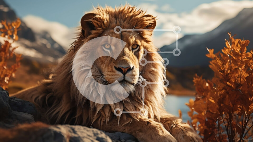 Intra Συλλεκτικό Ξύλινο Παζλ Plywood  4mm - Λιοντάρι με θέα στο σώμα του νερού με τα βουνά στο βάθος Σε Ξύλινο Κουτί - Διαστάσεις: 10x10 cm – 25 κομμάτια