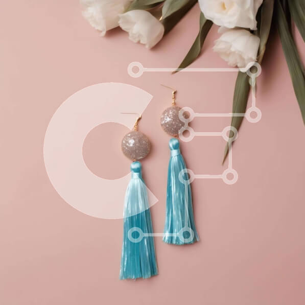 Σετ των 2 Intra Συλλεκτικό Ξύλινο Παζλ Plywood  4mm - Σκουλαρίκια με φούντα γαλάζιο με ασημί τόνους σε ροζ φόντο Σε Ξύλινο Κουτί - Διαστάσεις: 10x10 cm – 25 κομμάτια