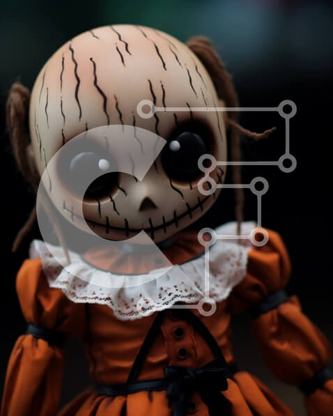 Intra Συλλεκτικό Ξύλινο Παζλ Plywood  4mm - Ανατριχιαστική κούκλα σε πορτοκαλί φόρεμα με ρίγες Σε Ξύλινο Κουτί - Διαστάσεις Puzzle: 10x10 cm – 25 κομμάτια