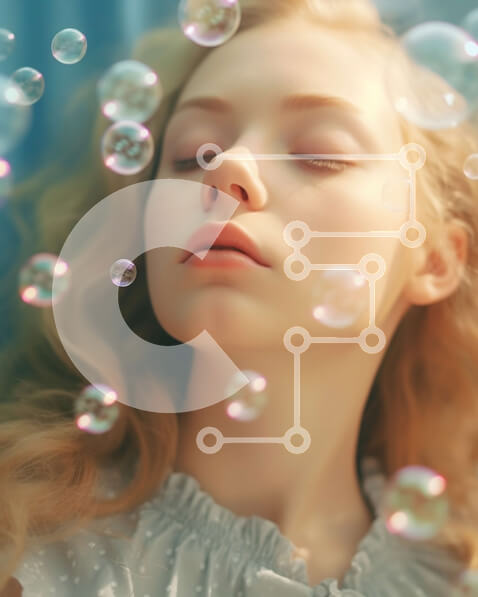 Intra Συλλεκτικό Ξύλινο Παζλ Plywood  4mm - Ειρηνική και ονειρική εικόνα μιας ξανθιάς γυναίκας που περιβάλλεται από φυσαλίδες Σε Ξύλινο Κουτί - Διαστάσεις Puzzle: 10x10 cm – 25 κομμάτια