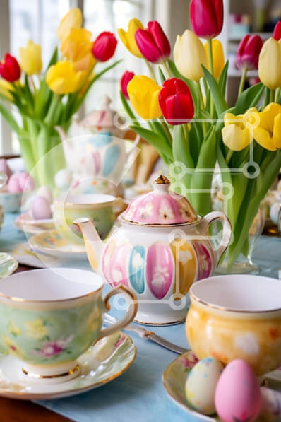 Intra Συλλεκτικό Ξύλινο Παζλ Plywood  4mm - Τραπέζι ανοιξιάτικο Tea Party με τουλίπες και πασχαλινά αυγά Σε Ξύλινο Κουτί - Διαστάσεις Puzzle: 10x10 cm – 25 κομμάτια