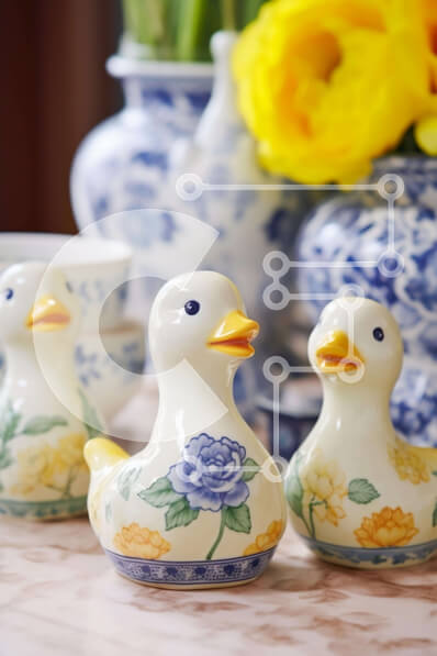 Intra Συλλεκτικό Ξύλινο Παζλ Plywood  4mm - Κεραμικά ειδώλια πάπιας με φλιτζάνια τσαγιού και πιατάκια στο τραπέζι Σε Ξύλινο Κουτί - Διαστάσεις: 10x10 cm – 25 κομμάτια