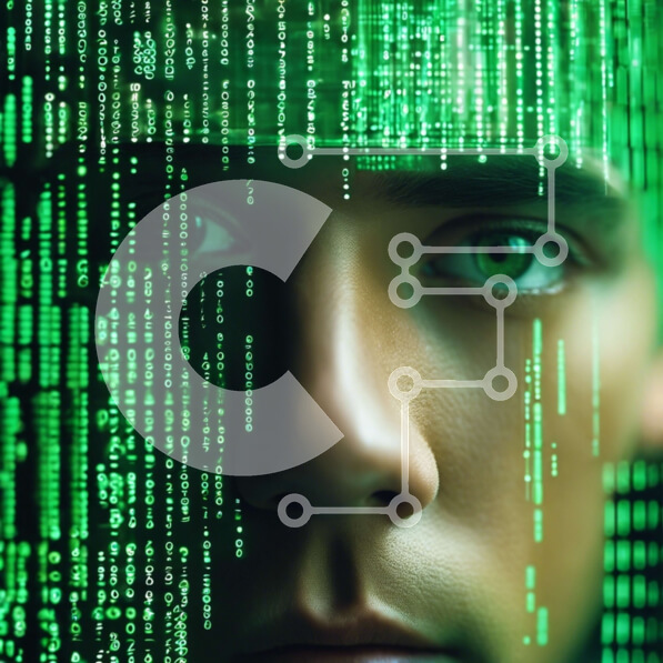 Intra Συλλεκτικό Ξύλινο Παζλ Plywood  4mm - Άνδρας που φορά ηλεκτρονική μάσκα με πράσινο δυαδικό κώδικα Σε Ξύλινο Κουτί - Διαστάσεις Puzzle: 10x10 cm – 25 κομμάτια