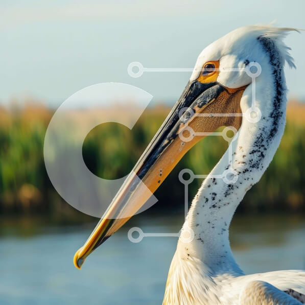 Intra Συλλεκτικό Ξύλινο Παζλ Plywood  4mm - Λευκός πελεκάνος που στέκεται δίπλα στο νερό με ορατό μακρύ ράμφος Σε Ξύλινο Κουτί - Διαστάσεις: 10x10 cm – 25 κομμάτια