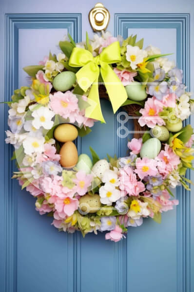 Intra Συλλεκτικό Ξύλινο Παζλ Plywood  4mm - Πασχαλινό στεφάνι με αυγά και λουλούδια στην μπροστινή πόρτα Σε Ξύλινο Κουτί - Διαστάσεις: 10x10 cm – 25 κομμάτια