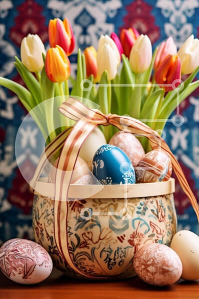 Intra Συλλεκτικό Ξύλινο Παζλ Plywood  4mm - Πολύχρωμα Πασχαλινά αυγά και τουλίπες σε ένα διακοσμητικό καλάθι Σε Ξύλινο Κουτί - Διαστάσεις: 10x10 cm – 25 κομμάτια