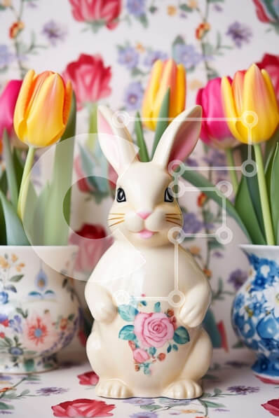 Σετ των 2 Intra Συλλεκτικό Ξύλινο Παζλ Plywood  4mm - Λευκό ειδώλιο λαγουδάκι με πολύχρωμα βάζα και τουλίπες Σε Ξύλινο Κουτί - Διαστάσεις: 10x10 cm – 25 κομμάτια