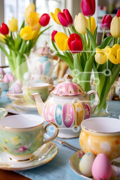 Intra Συλλεκτικό Ξύλινο Παζλ Plywood  4mm - Πασχαλινή εορταστική τραπεζαρία με πολύχρωμα φλιτζάνια τσαγιού και τουλίπες Σε Ξύλινο Κουτί - Διαστάσεις: 10x10 cm – 25 κομμάτια