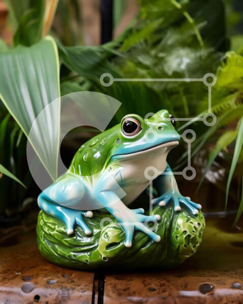 Intra Συλλεκτικό Ξύλινο Παζλ Plywood  4mm - Πράσινο και μπλε ειδώλιο βατράχου σε καλλωπιστικό φυτό Σε Ξύλινο Κουτί - Διαστάσεις: 10x10 cm – 25 κομμάτια