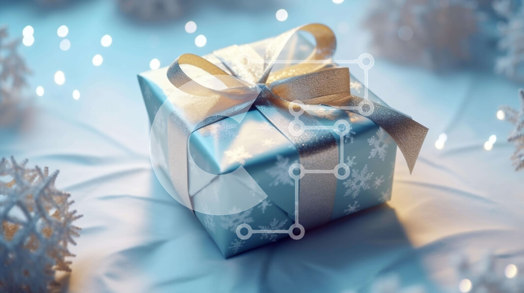 Intra Συλλεκτικό Ξύλινο Παζλ Plywood  4mm - Μπλε κουτί δώρου με χρυσή κορδέλα και νιφάδες χιονιού Σε Ξύλινο Κουτί - Διαστάσεις: 10x10 cm – 25 κομμάτια