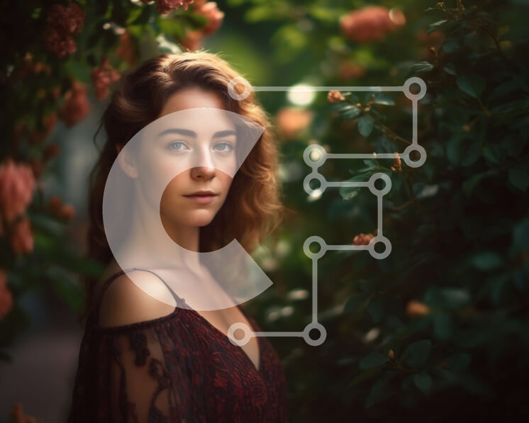 Intra Συλλεκτικό Ξύλινο Παζλ Plywood  4mm - Σοβαρή νεαρή γυναίκα με κόκκινο φόρεμα που ποζάρει μπροστά από έναν θάμνο με ροζ λουλούδια Σε Ξύλινο Κουτί - Διαστάσεις Puzzle: 10x10 cm – 25 κομμάτια