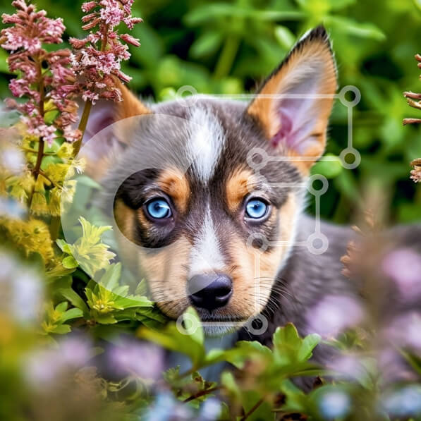 Intra Συλλεκτικό Ξύλινο Παζλ Plywood  4mm - Χαριτωμένο κουτάβι που κρυφοκοιτάζει πίσω από τα μωβ λουλούδια Σε Ξύλινο Κουτί - Διαστάσεις: 10x10 cm – 25 κομμάτια