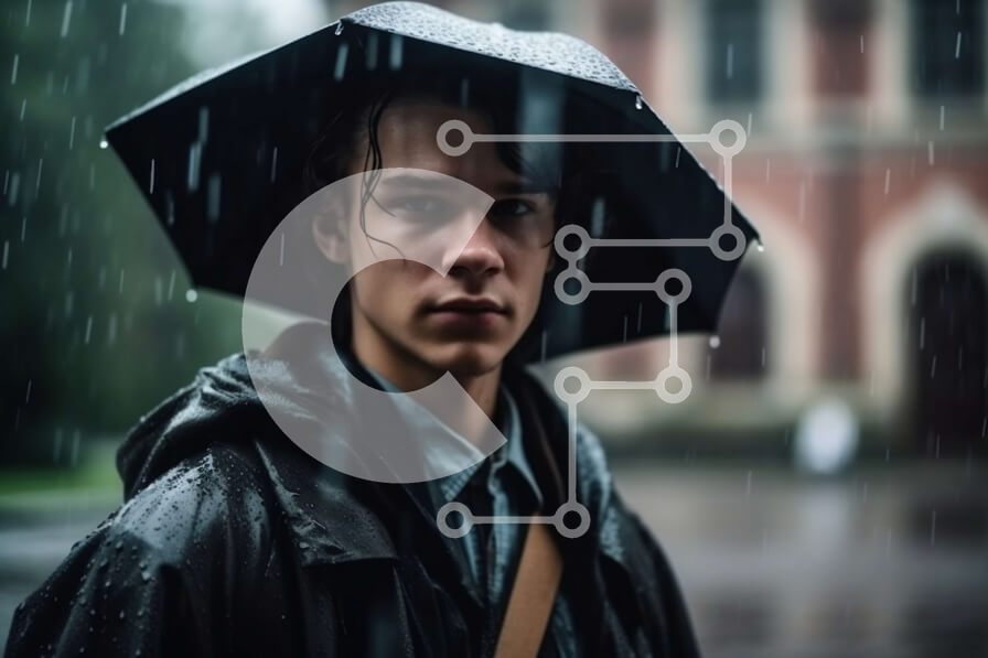 Intra Συλλεκτικό Ξύλινο Παζλ Plywood  4mm - Κομψός νεαρός άνδρας με μαύρο δερμάτινο μπουφάν που στέκεται στη βροχή Σε Ξύλινο Κουτί - Διαστάσεις Puzzle: 10x10 cm – 25 κομμάτια