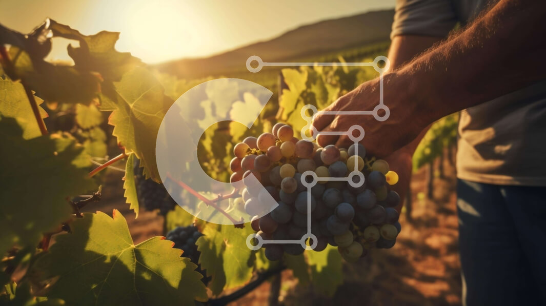 Intra Συλλεκτικό Ξύλινο Παζλ Plywood  4mm - Άτομο που κρατά σταφύλια σε έναν αμπελώνα στο ηλιοβασίλεμα Σε Ξύλινο Κουτί - Διαστάσεις: 10x10 cm – 25 κομμάτια