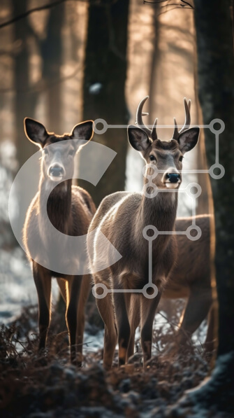 Σετ των 2 Intra Συλλεκτικό Ξύλινο Παζλ Plywood  4mm - Όμορφη εικόνα δύο ελαφιών στο χιονισμένο δάσος στο ηλιοβασίλεμα Σε Ξύλινο Κουτί - Διαστάσεις: 10x10 cm – 25 κομμάτια