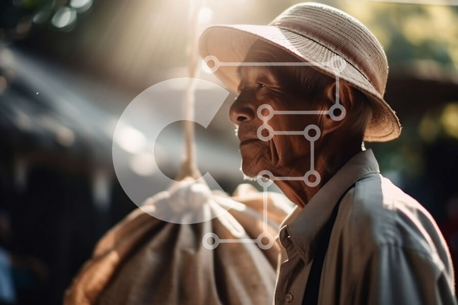 Intra Συλλεκτικό Ξύλινο Παζλ Plywood  4mm - Στοχαστικός ηλικιωμένος με σάκο ρυζιού στον ήλιο Σε Ξύλινο Κουτί - Διαστάσεις Puzzle: 10x10 cm – 25 κομμάτια