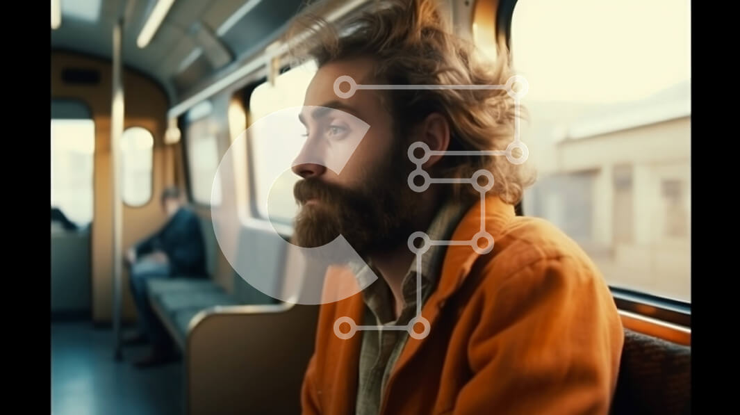 Intra Συλλεκτικό Ξύλινο Παζλ Plywood  4mm - Άνδρας με πορτοκαλί μπουφάν που κάθεται στο τρένο και κοιτάζει έξω από το παράθυρο Σε Ξύλινο Κουτί - Διαστάσεις Puzzle: 10x10 cm – 25 κομμάτια