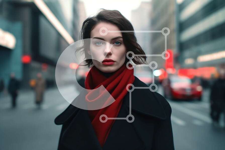 Intra Συλλεκτικό Ξύλινο Παζλ Plywood  4mm - Σοβαρή γυναίκα με μαύρο παλτό και κόκκινο κασκόλ στο City Street Σε Ξύλινο Κουτί - Διαστάσεις Puzzle: 10x10 cm – 25 κομμάτια