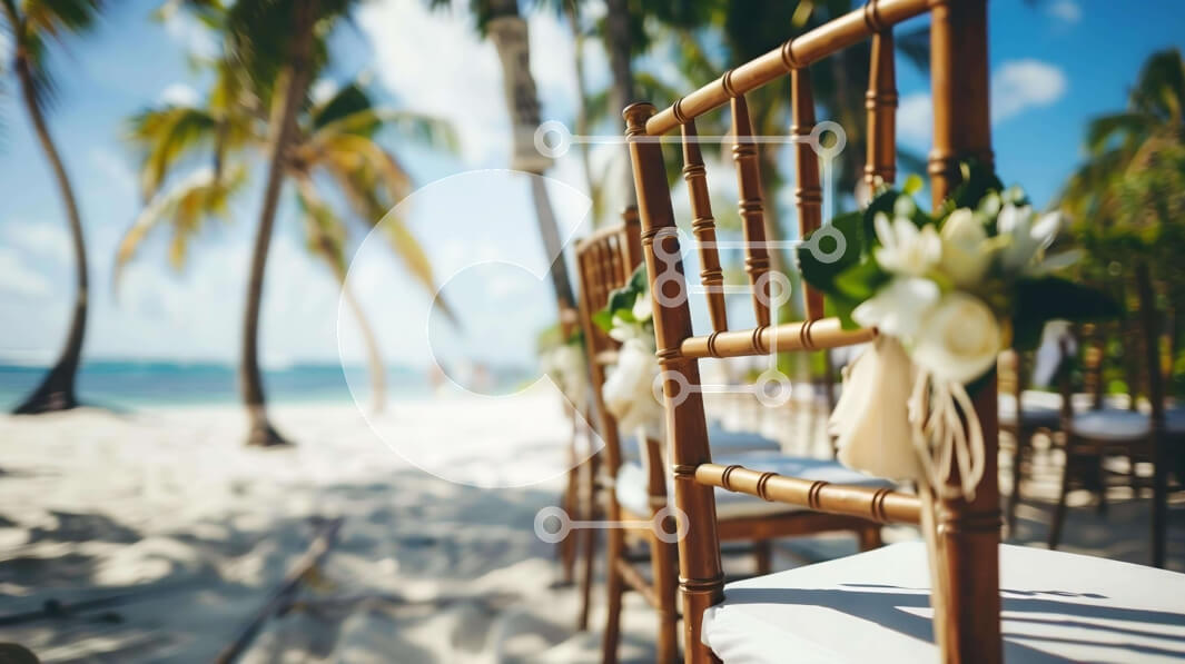 Intra Συλλεκτικό Ξύλινο Παζλ Plywood  4mm - Ξύλινες καρέκλες γάμου παραλίας με φοίνικες και λευκά λουλούδια Σε Ξύλινο Κουτί - Διαστάσεις Puzzle: 10x10 cm – 25 κομμάτια