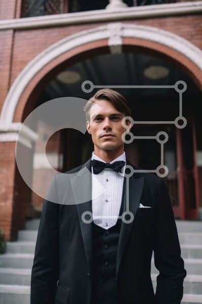 Intra Συλλεκτικό Ξύλινο Παζλ Plywood  4mm - Κομψός άνδρας με σμόκιν με τα χέρια στις τσέπες στα σκαλιά κτιρίου από τούβλα Σε Ξύλινο Κουτί - Διαστάσεις Puzzle: 10x10 cm – 25 κομμάτια