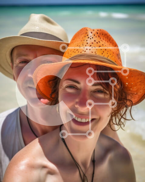 Intra Συλλεκτικό Ξύλινο Παζλ Plywood  4mm - Ευτυχισμένο ζευγάρι στην παραλία με καπέλα και χαμογελαστό Σε Ξύλινο Κουτί - Διαστάσεις Puzzle: 10x10 cm – 25 κομμάτια