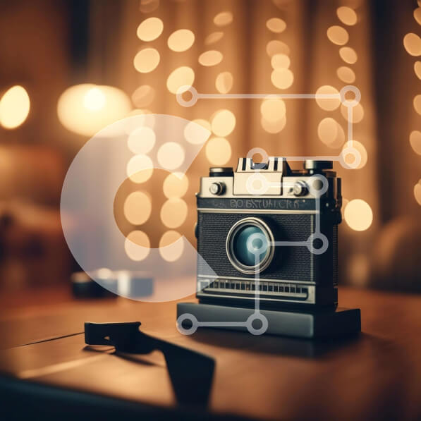 Intra Συλλεκτικό Ξύλινο Παζλ Plywood  4mm - Vintage κάμερα σε ξύλινο τραπέζι με πολύχρωμα φώτα Σε Ξύλινο Κουτί - Διαστάσεις: 10x10 cm – 25 κομμάτια