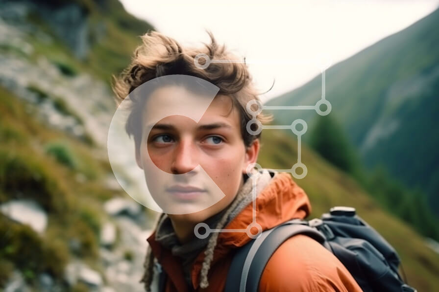 Intra Συλλεκτικό Ξύλινο Παζλ Plywood  4mm - Νεαρός άνδρας που στέκεται στο Rocky Mountain Trail με το σακίδιο Σε Ξύλινο Κουτί - Διαστάσεις: 10x10 cm – 25 κομμάτια