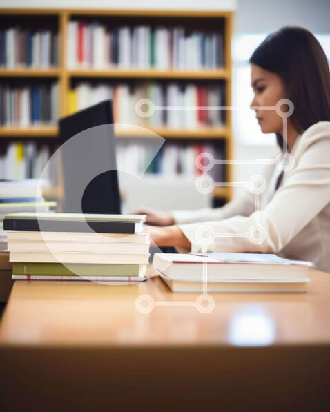 Intra Συλλεκτικό Ξύλινο Παζλ Plywood  4mm - Γυναίκα που μελετά με φορητό υπολογιστή και βιβλία στη βιβλιοθήκη Σε Ξύλινο Κουτί - Διαστάσεις Puzzle: 10x10 cm – 25 κομμάτια