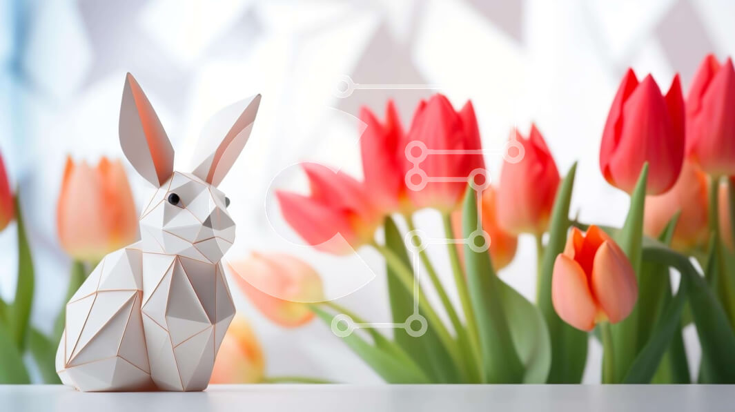 Intra Συλλεκτικό Ξύλινο Παζλ Plywood  4mm - Λευκό κουνέλι Origami με κόκκινες τουλίπες Σε Ξύλινο Κουτί - Διαστάσεις Puzzle: 10x10 cm – 25 κομμάτια