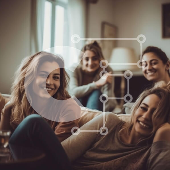 Intra Συλλεκτικό Ξύλινο Παζλ Plywood  4mm - Διασκέδαση και φιλία: Τέσσερις γυναίκες που γελούν σε έναν καναπέ στο σαλόνι Σε Ξύλινο Κουτί - Διαστάσεις Puzzle: 10x10 cm – 25 κομμάτια