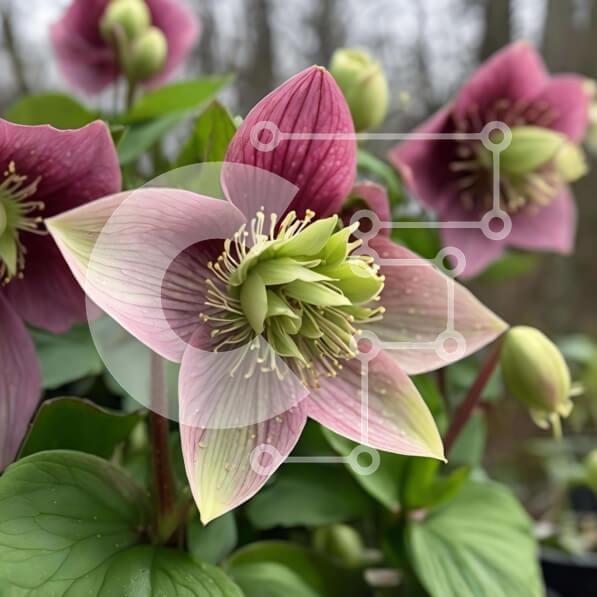 Intra Συλλεκτικό Ξύλινο Παζλ Plywood  4mm - Ροζ και πράσινα λουλούδια Hellebore κοντά στο δάσος Σε Ξύλινο Κουτί - Διαστάσεις: 10x10 cm – 25 κομμάτια