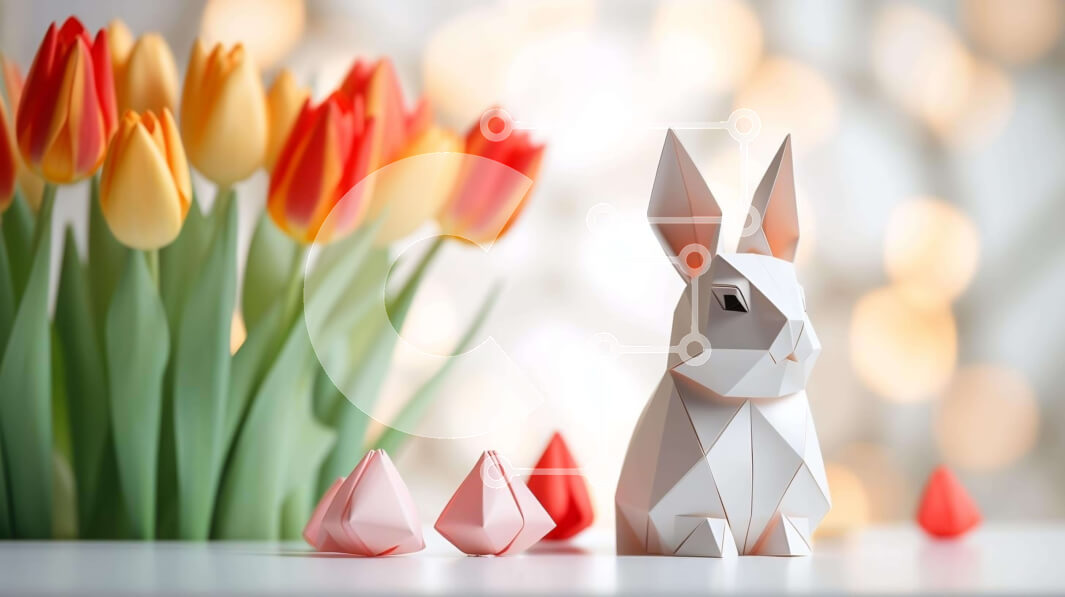 Intra Συλλεκτικό Ξύλινο Παζλ Plywood  4mm - Origami κουνέλι και πολύχρωμες τουλίπες για τον εορτασμό του Πάσχα Σε Ξύλινο Κουτί - Διαστάσεις: 10x10 cm – 25 κομμάτια