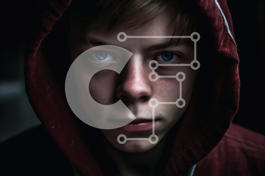 Intra Συλλεκτικό Ξύλινο Παζλ Plywood  4mm - Πορτρέτο ενός νεαρού άνδρα με κόκκινο κουκούλα με διαπεραστικά μπλε μάτια Σε Ξύλινο Κουτί - Διαστάσεις Puzzle: 10x10 cm – 25 κομμάτια