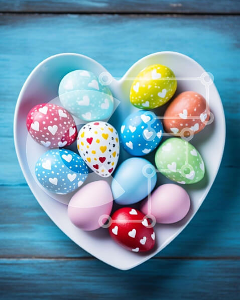 Intra Συλλεκτικό Ξύλινο Παζλ Plywood  4mm - Πολύχρωμα Πασχαλινά αυγά σε μπολ σε σχήμα καρδιάς σε μπλε ξύλινο τραπέζι Σε Ξύλινο Κουτί - Διαστάσεις: 10x10 cm – 25 κομμάτια