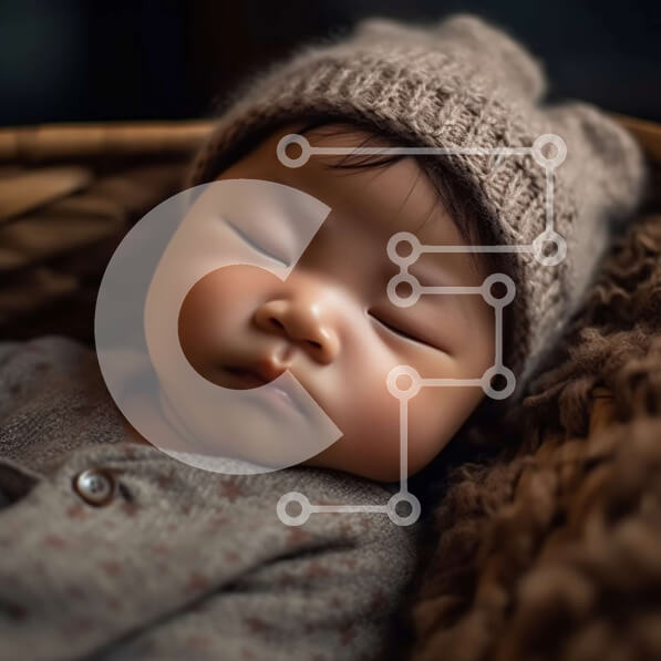 Intra Συλλεκτικό Ξύλινο Παζλ Plywood  4mm - Αξιολάτρευτη εικόνα του μωρού που κοιμάται με πλεκτό καπέλο σε ψάθινο καλάθι Σε Ξύλινο Κουτί - Διαστάσεις Puzzle: 10x10 cm – 25 κομμάτια