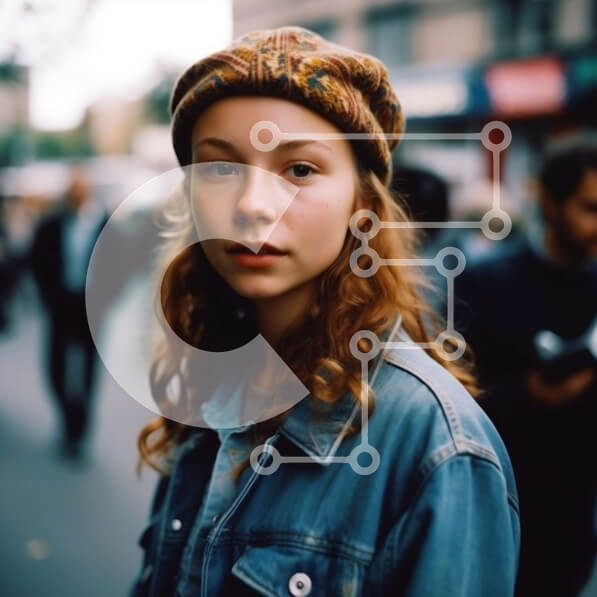 Intra Συλλεκτικό Ξύλινο Παζλ Plywood  4mm - Ουδέτερη έκφραση νεαρής γυναίκας με κόκκινα μαλλιά και τζιν μπουφάν στο City Street Σε Ξύλινο Κουτί - Διαστάσεις Puzzle: 10x10 cm – 25 κομμάτια