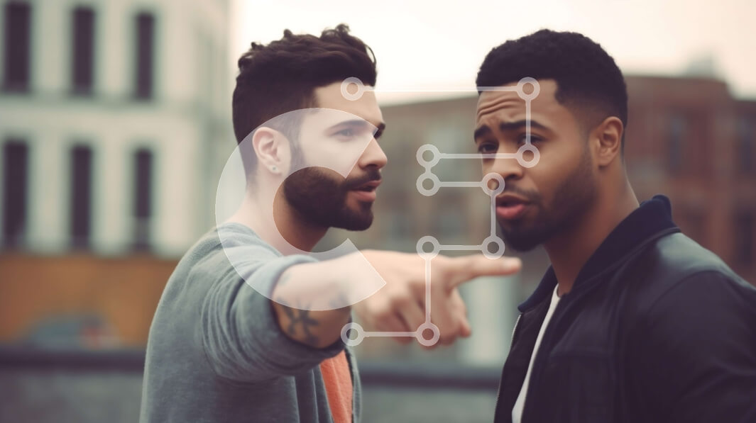 Intra Συλλεκτικό Ξύλινο Παζλ Plywood  4mm - Δύο νεαροί άντρες με casual ρούχα σε μια ταράτσα με θέα στον ορίζοντα της πόλης Σε Ξύλινο Κουτί - Διαστάσεις Puzzle: 10x10 cm – 25 κομμάτια