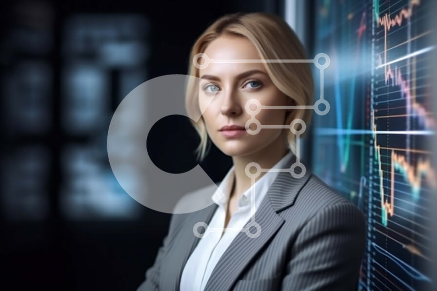 Intra Συλλεκτικό Ξύλινο Παζλ Plywood  4mm - Επιχειρηματίας με αυτοπεποίθηση με κοστούμι που στέκεται μπροστά από τον τοίχο με προβαλλόμενα γραφήματα Σε Ξύλινο Κουτί - Διαστάσεις Puzzle: 10x10 cm – 25 κομμάτια