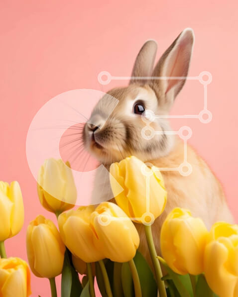 Intra Συλλεκτικό Ξύλινο Παζλ Plywood  4mm - Λαγουδάκι με κίτρινες τουλίπες με ροζ φόντο Σε Ξύλινο Κουτί - Διαστάσεις: 10x10 cm – 25 κομμάτια