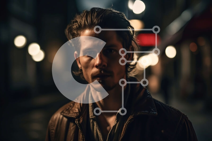 Intra Συλλεκτικό Ξύλινο Παζλ Plywood  4mm - Σοβαρό πορτρέτο ενός άνδρα σε έναν αμυδρά φωτισμένο δρόμο τη νύχτα Σε Ξύλινο Κουτί - Διαστάσεις Puzzle: 10x10 cm – 25 κομμάτια