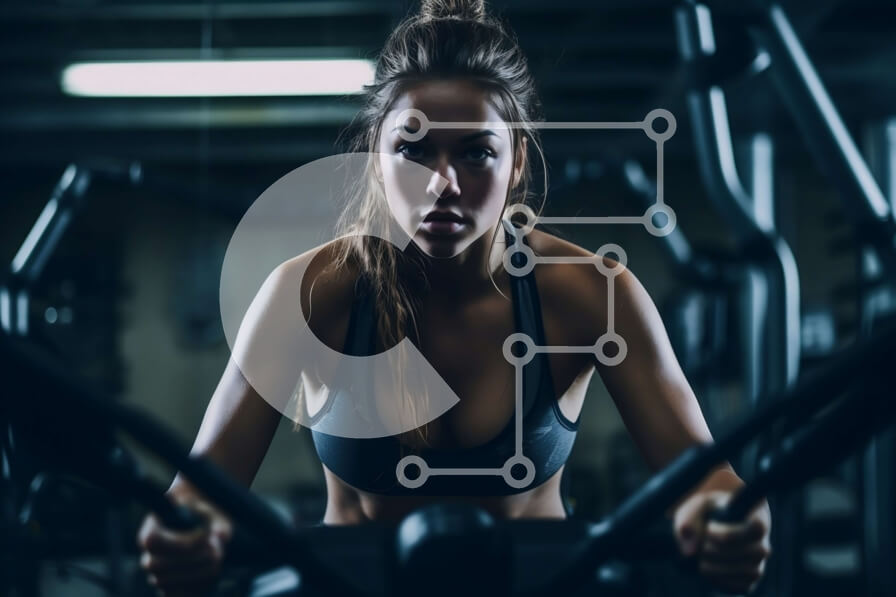 Intra Συλλεκτικό Ξύλινο Παζλ Plywood  4mm - Αποφασισμένη νεαρή γυναίκα σε στατικό ποδήλατο σε αμυδρά φωτισμένο γυμναστήριο Σε Ξύλινο Κουτί - Διαστάσεις Puzzle: 10x10 cm – 25 κομμάτια