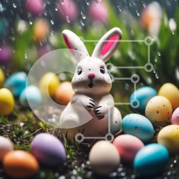 Intra Συλλεκτικό Ξύλινο Παζλ Plywood  4mm - Λευκό λαγουδάκι και πασχαλινά αυγά στην εποχή των βροχών Σε Ξύλινο Κουτί - Διαστάσεις Puzzle: 10x10 cm – 25 κομμάτια