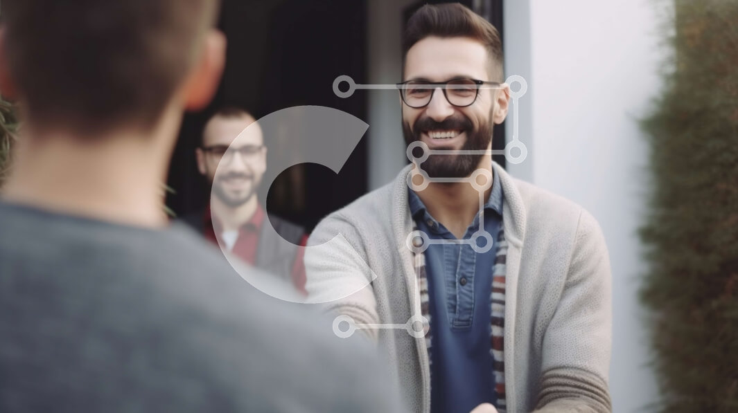 Intra Συλλεκτικό Ξύλινο Παζλ Plywood  4mm - Ομάδα ανδρών έξω από ένα σπίτι χειραψία Σε Ξύλινο Κουτί - Διαστάσεις Puzzle: 10x10 cm – 25 κομμάτια