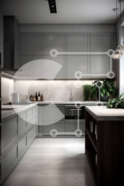 Intra Συλλεκτικό Ξύλινο Παζλ Plywood  4mm - Κομψή και εκλεπτυσμένη μοντέρνα σχεδίαση κουζίνας με γκρι ντουλάπια και μαρμάρινο νησί Σε Ξύλινο Κουτί - Διαστάσεις Puzzle: 10x10 cm – 25 κομμάτια