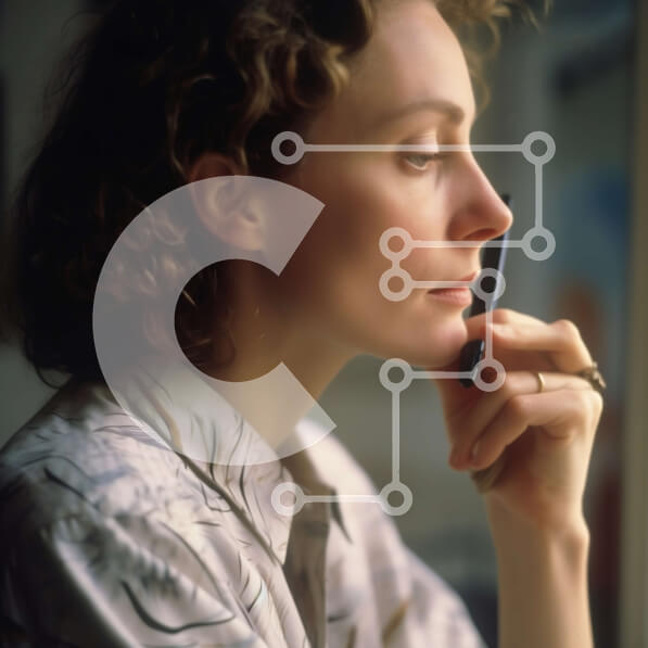 Intra Συλλεκτικό Ξύλινο Παζλ Plywood  4mm - Κομψή γυναίκα σε floral πουκάμισο κρατώντας κινητό τηλέφωνο Σε Ξύλινο Κουτί - Διαστάσεις Puzzle: 10x10 cm – 25 κομμάτια